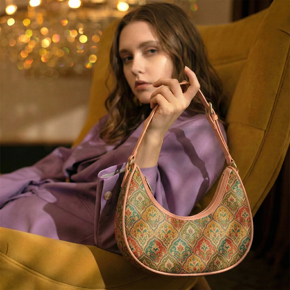 Mehrab Block Print — Ochre & Teal Crescent Shoulder Bag — view 18