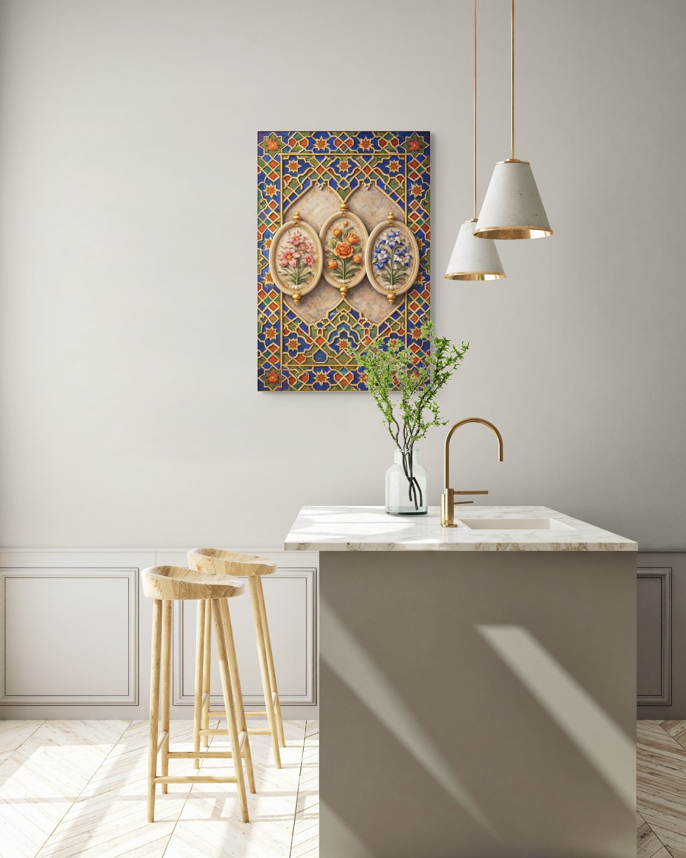 Mughal Floral Cartouche Wall Art – Shah Jahan Inspired Geometric Panel Canvas in Blue, Gold & Jewel Tones — view 5