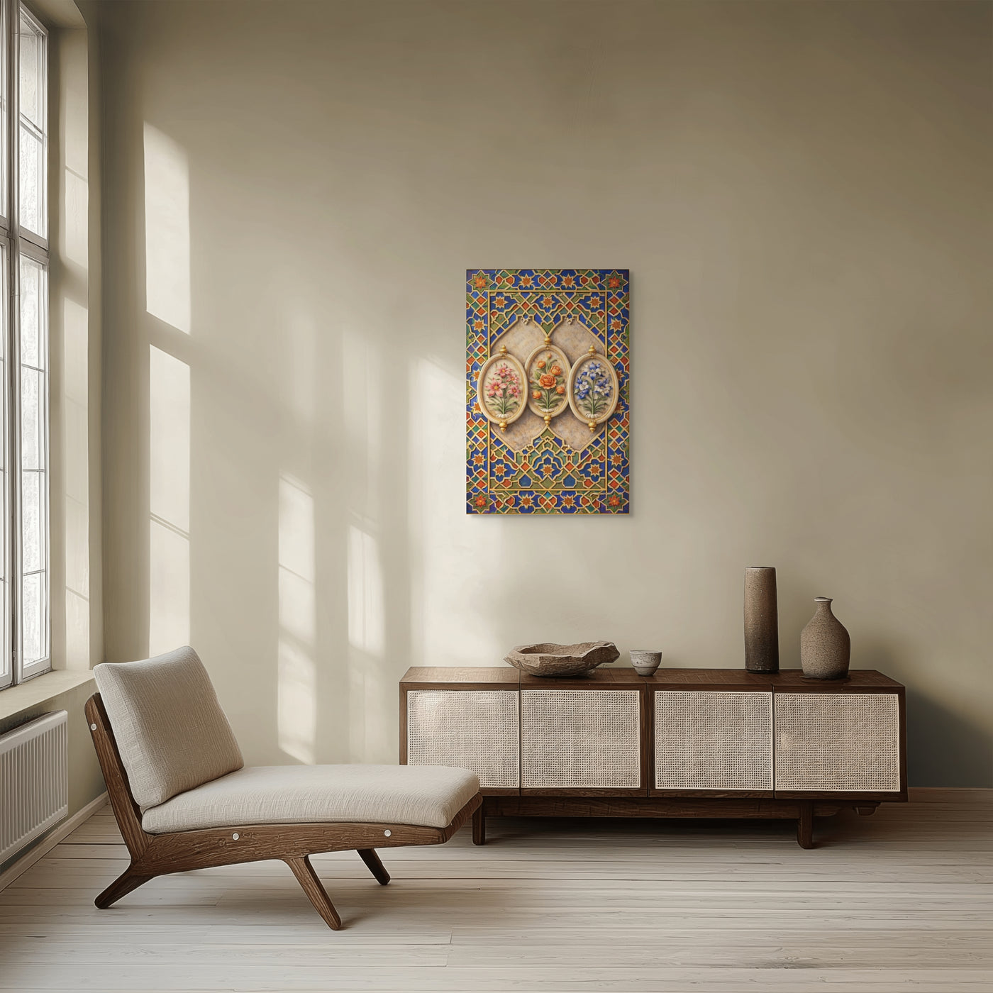 Mughal Floral Cartouche Wall Art – Shah Jahan Inspired Geometric Panel Canvas in Blue, Gold & Jewel Tones — view 7