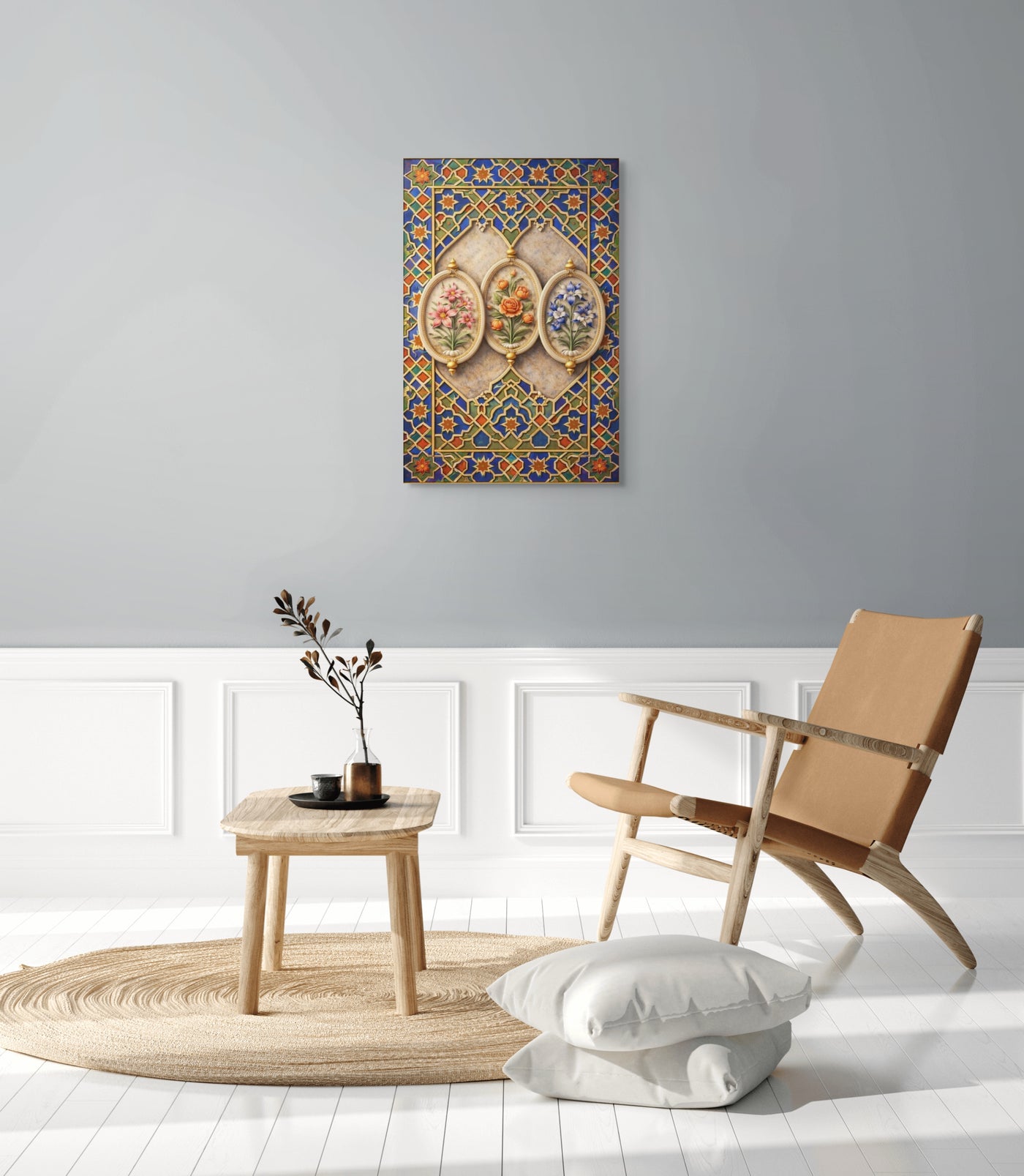 Mughal Floral Cartouche Wall Art – Shah Jahan Inspired Geometric Panel Canvas in Blue, Gold & Jewel Tones — view 2