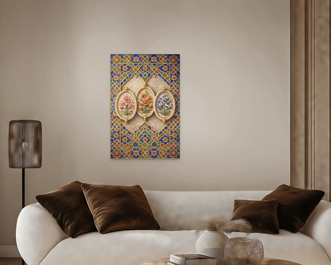 Mughal Floral Cartouche Wall Art – Shah Jahan Inspired Geometric Panel Canvas in Blue, Gold & Jewel Tones — view 3