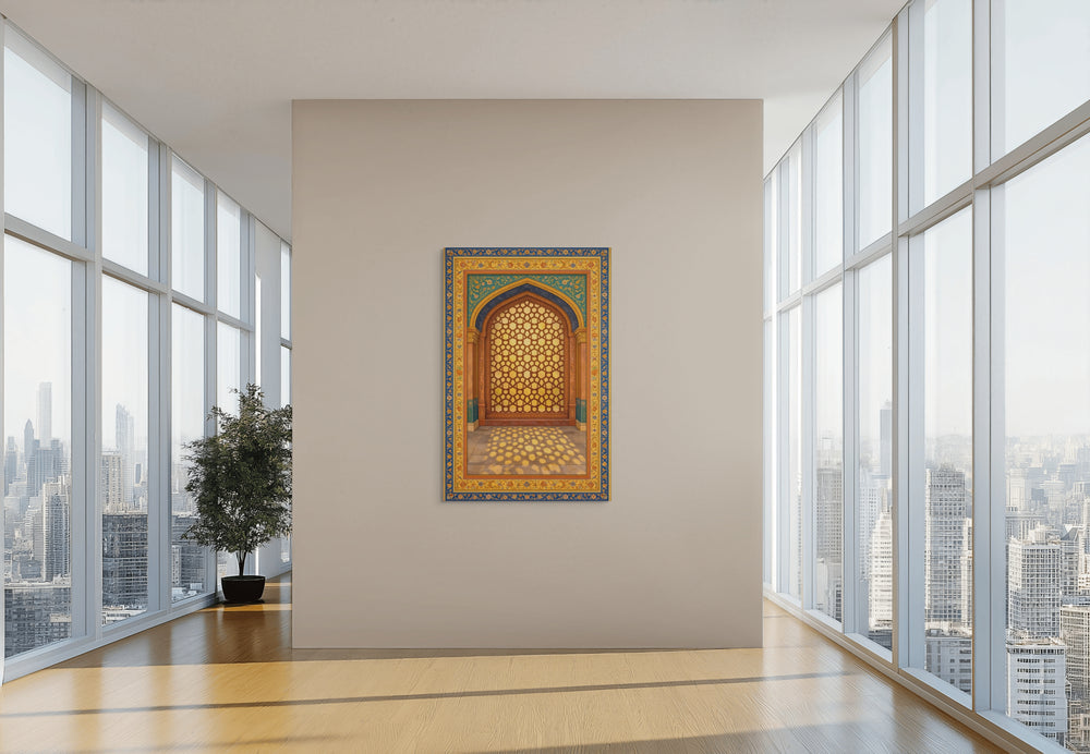 Golden Mughal Arch Canvas Wall Art – Indian Architectural Jali Window, Blue & Gold Palace Inspired Cultural Decor — view 4