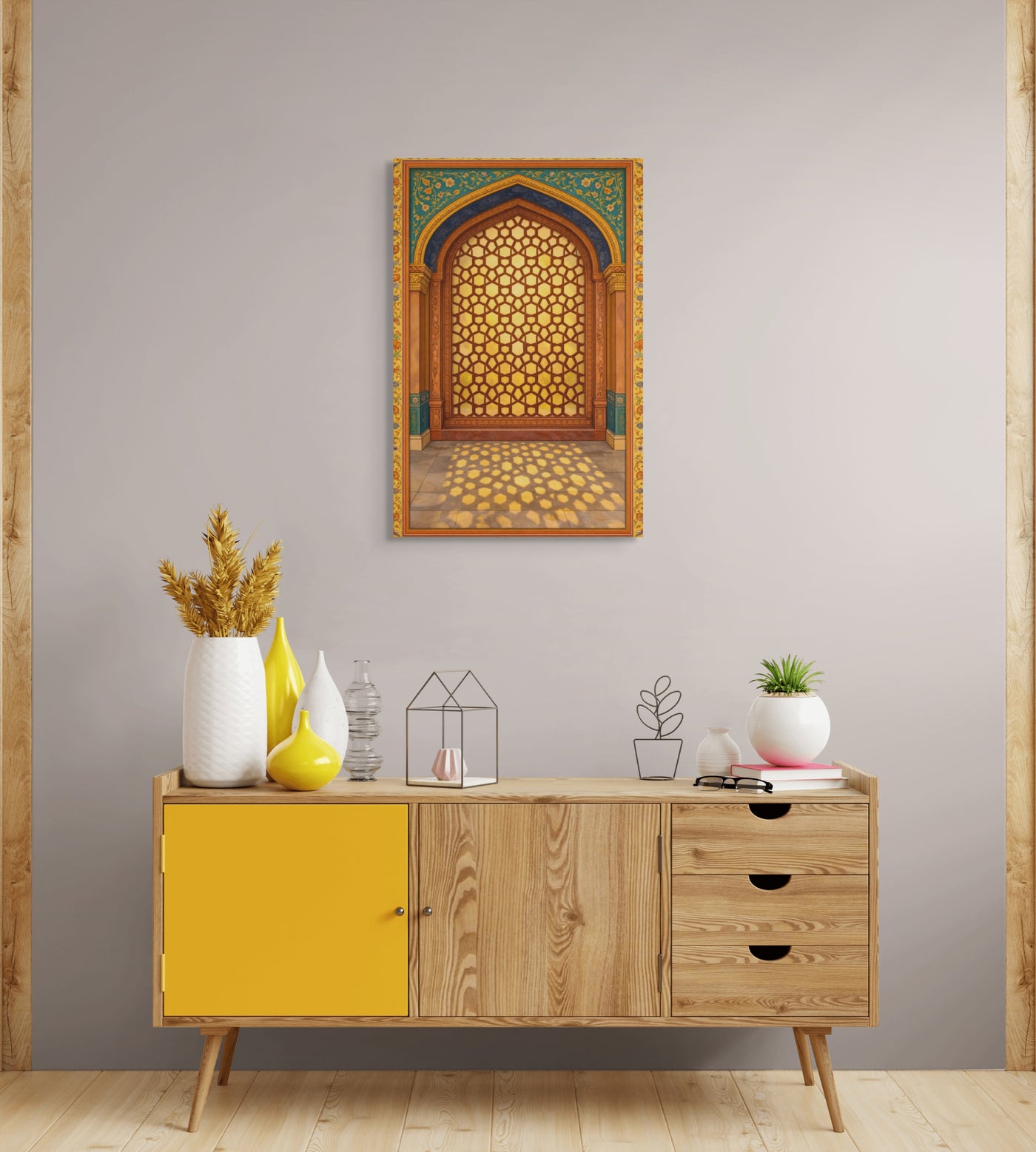Golden Mughal Arch Canvas Wall Art – Indian Architectural Jali Window, Blue & Gold Palace Inspired Cultural Decor — view 6