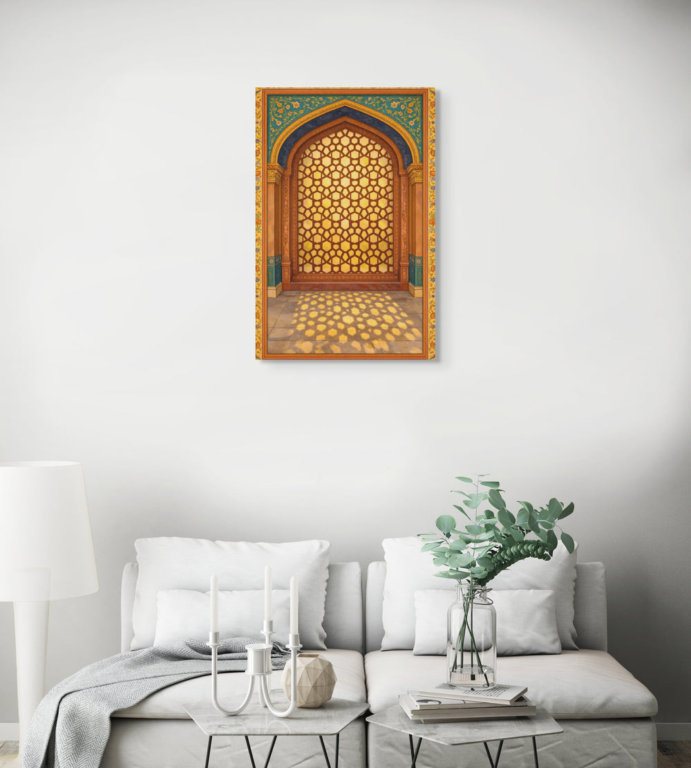 Golden Mughal Arch Canvas Wall Art – Indian Architectural Jali Window, Blue & Gold Palace Inspired Cultural Decor — view 8