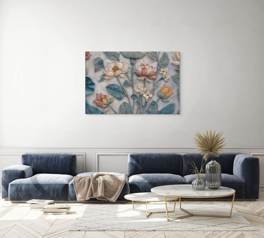 Mughal Lotus Garden — Naturalistic Marble Floral Bas-Relief Canvas — view 4