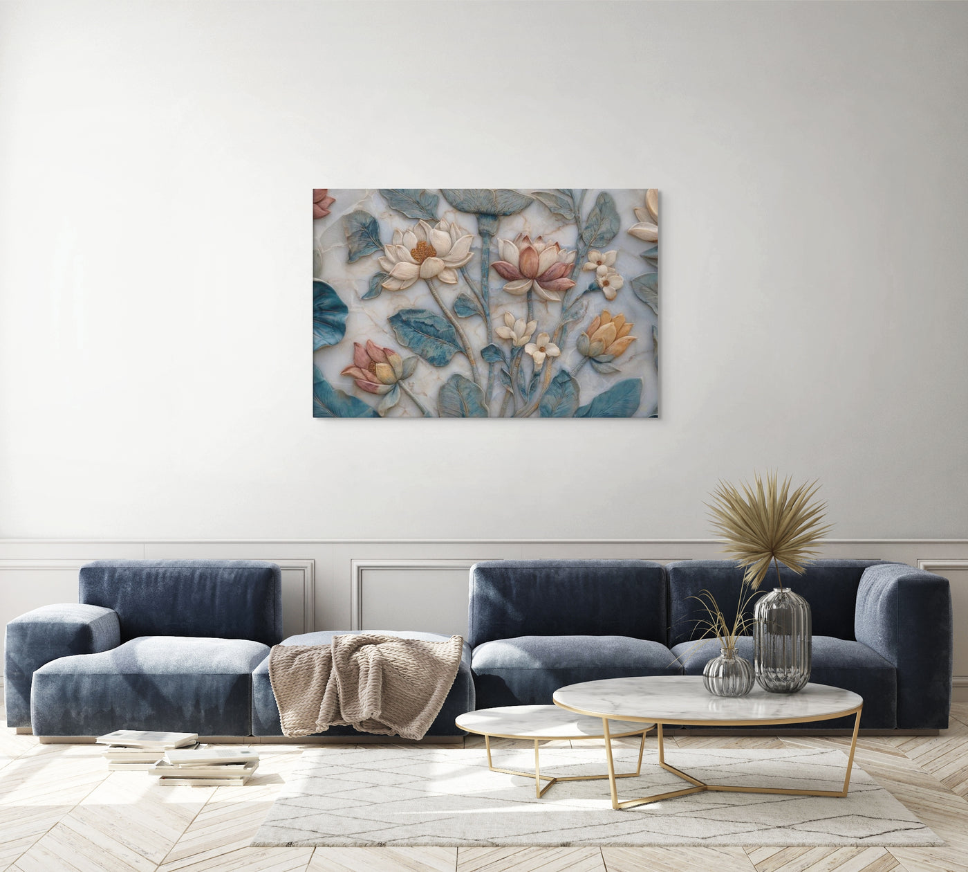 Mughal Lotus Garden — Naturalistic Marble Floral Bas-Relief Canvas — view 4