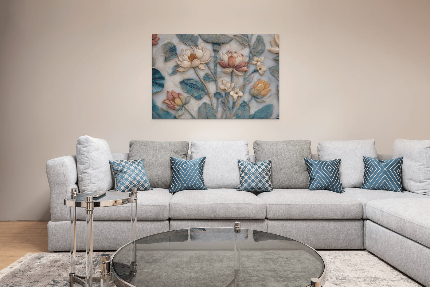Mughal Lotus Garden — Naturalistic Marble Floral Bas-Relief Canvas — view 8