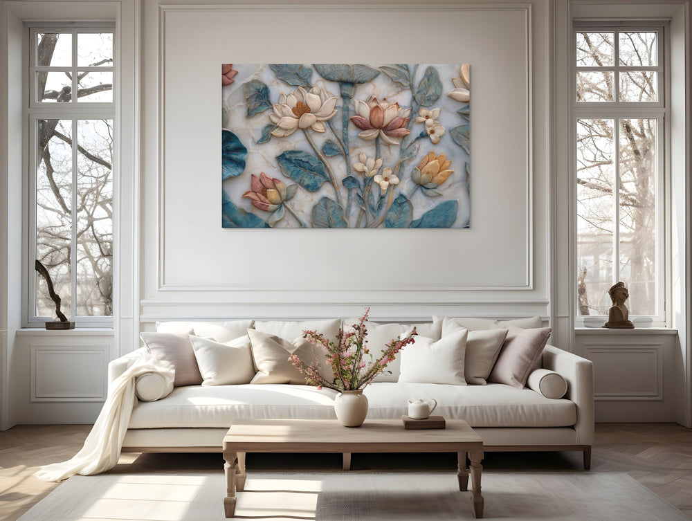 Mughal Lotus Garden — Naturalistic Marble Floral Bas-Relief Canvas — view 10