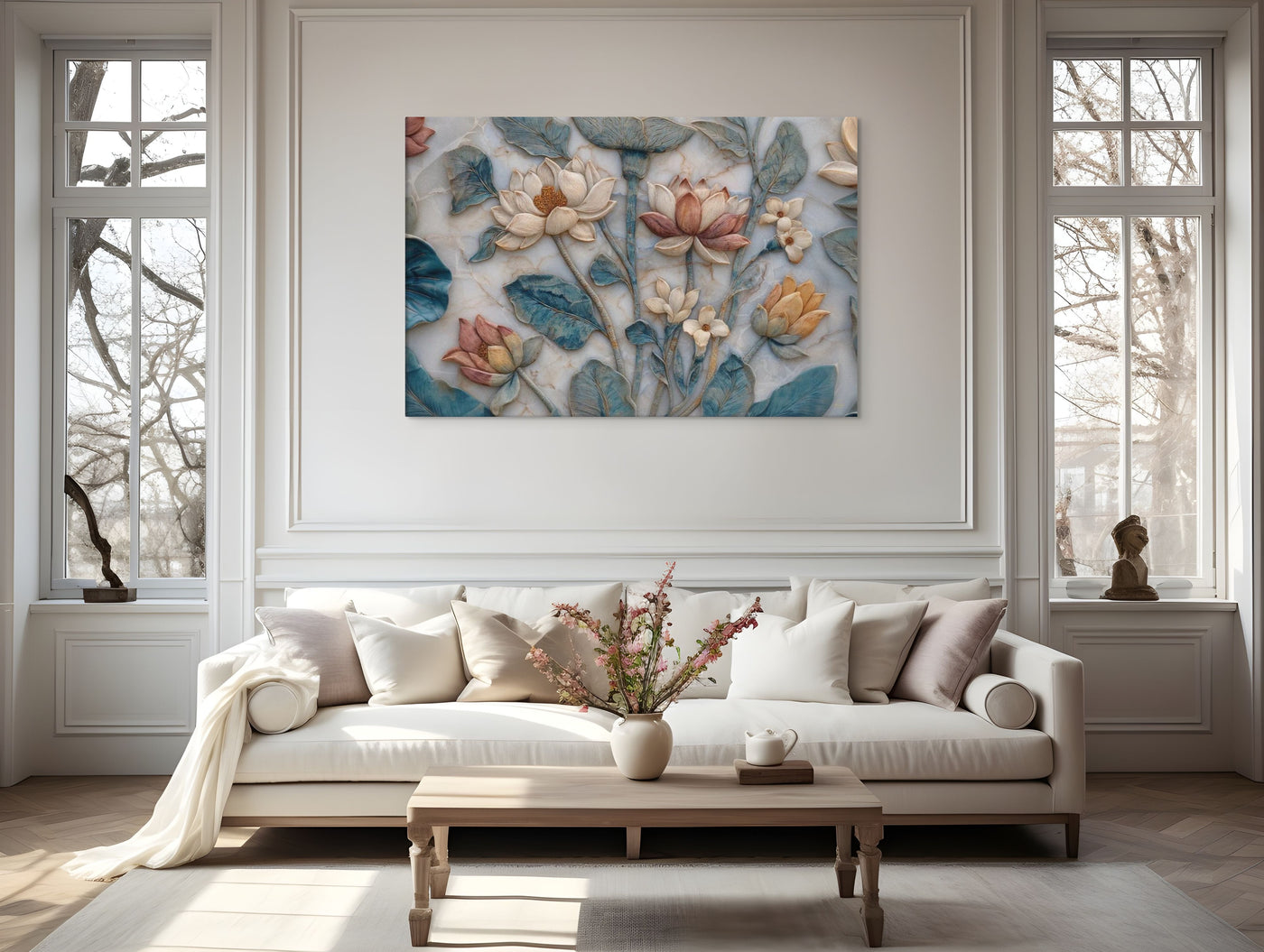 Mughal Lotus Garden — Naturalistic Marble Floral Bas-Relief Canvas — view 10