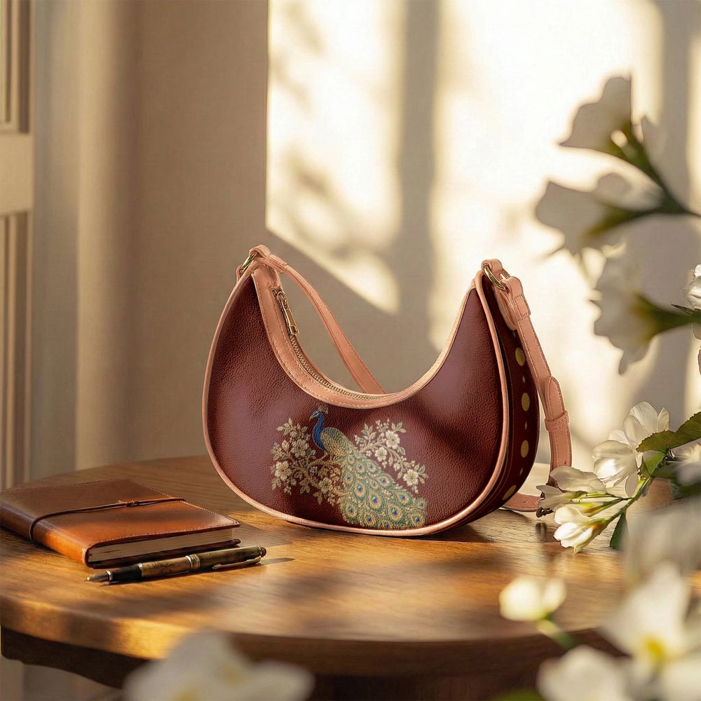 Zardozi Peacock — Maroon & Gold Crescent Shoulder Bag — view 11