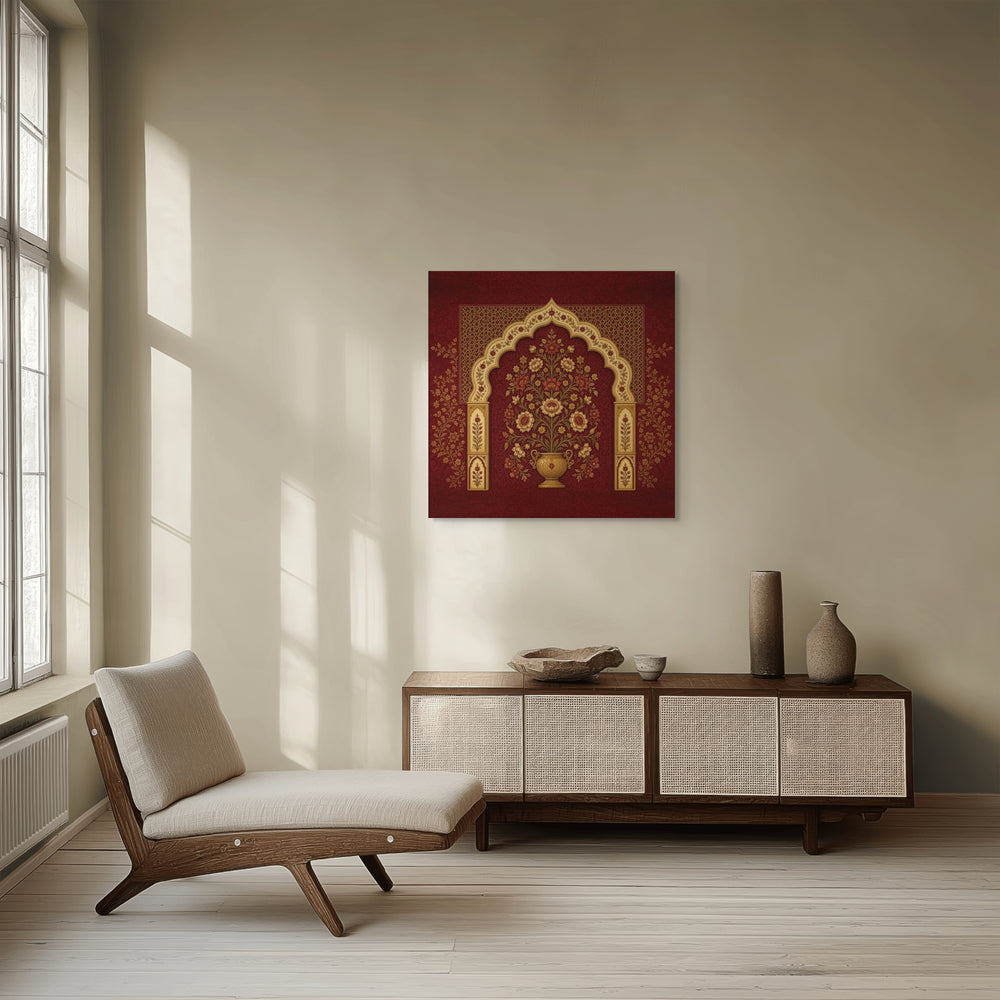 Mughal Floral Arch Canvas Wall Art – Red & Gold Indian Botanical Decor — view 3
