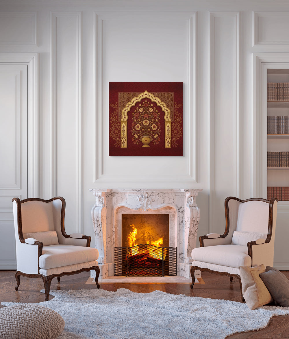 Mughal Floral Arch Canvas Wall Art – Red & Gold Indian Botanical Decor — view 4
