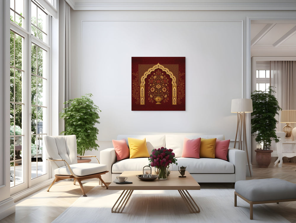 Mughal Floral Arch Canvas Wall Art – Red & Gold Indian Botanical Decor — view 5