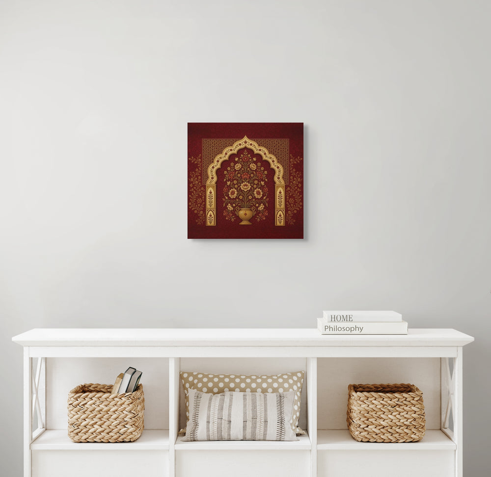 Mughal Floral Arch Canvas Wall Art – Red & Gold Indian Botanical Decor — view 6