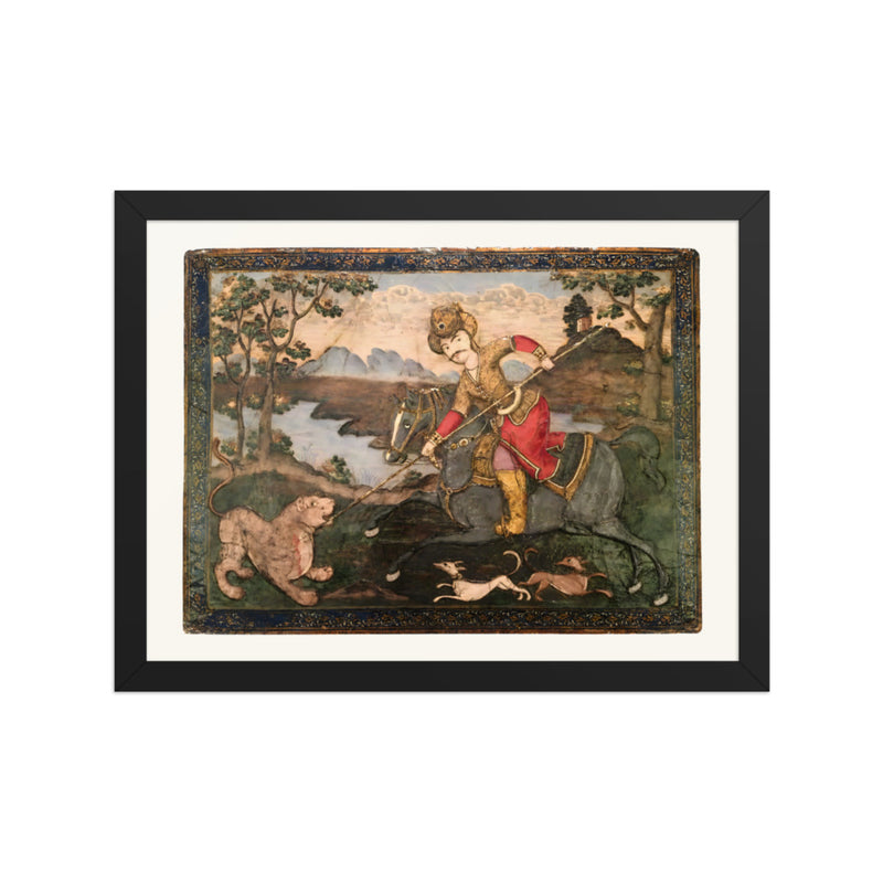 A Horseman Spears a Lion in the Wilderness | Restored Qajar Painting