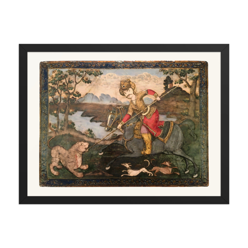 A Horseman Spears a Lion in the Wilderness | Restored Qajar Painting — view 2