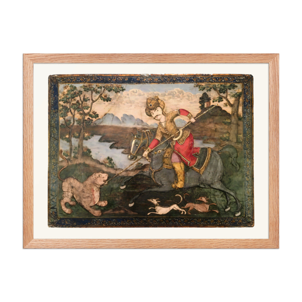 A Horseman Spears a Lion in the Wilderness | Restored Qajar Painting — view 5