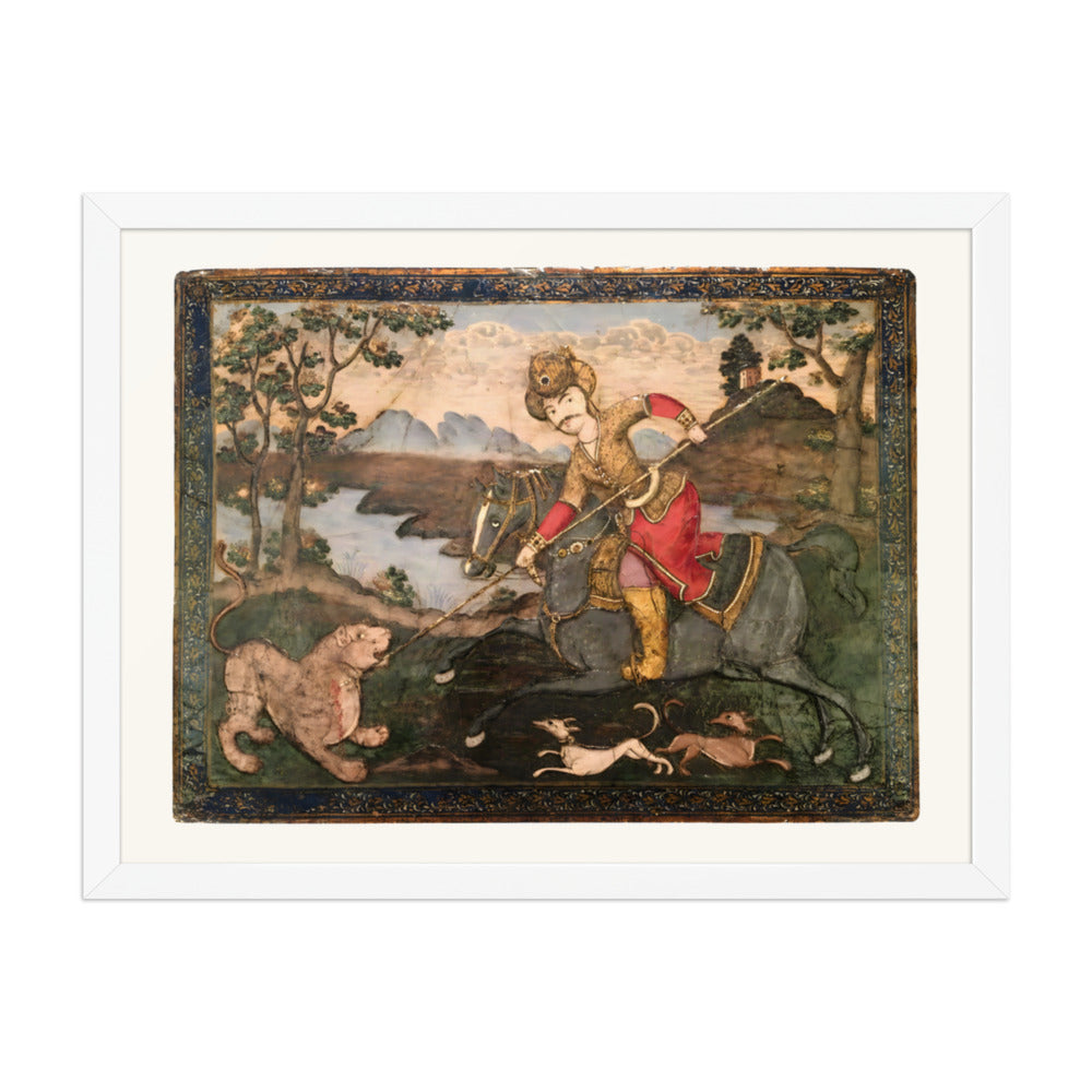 A Horseman Spears a Lion in the Wilderness | Restored Qajar Painting — view 8