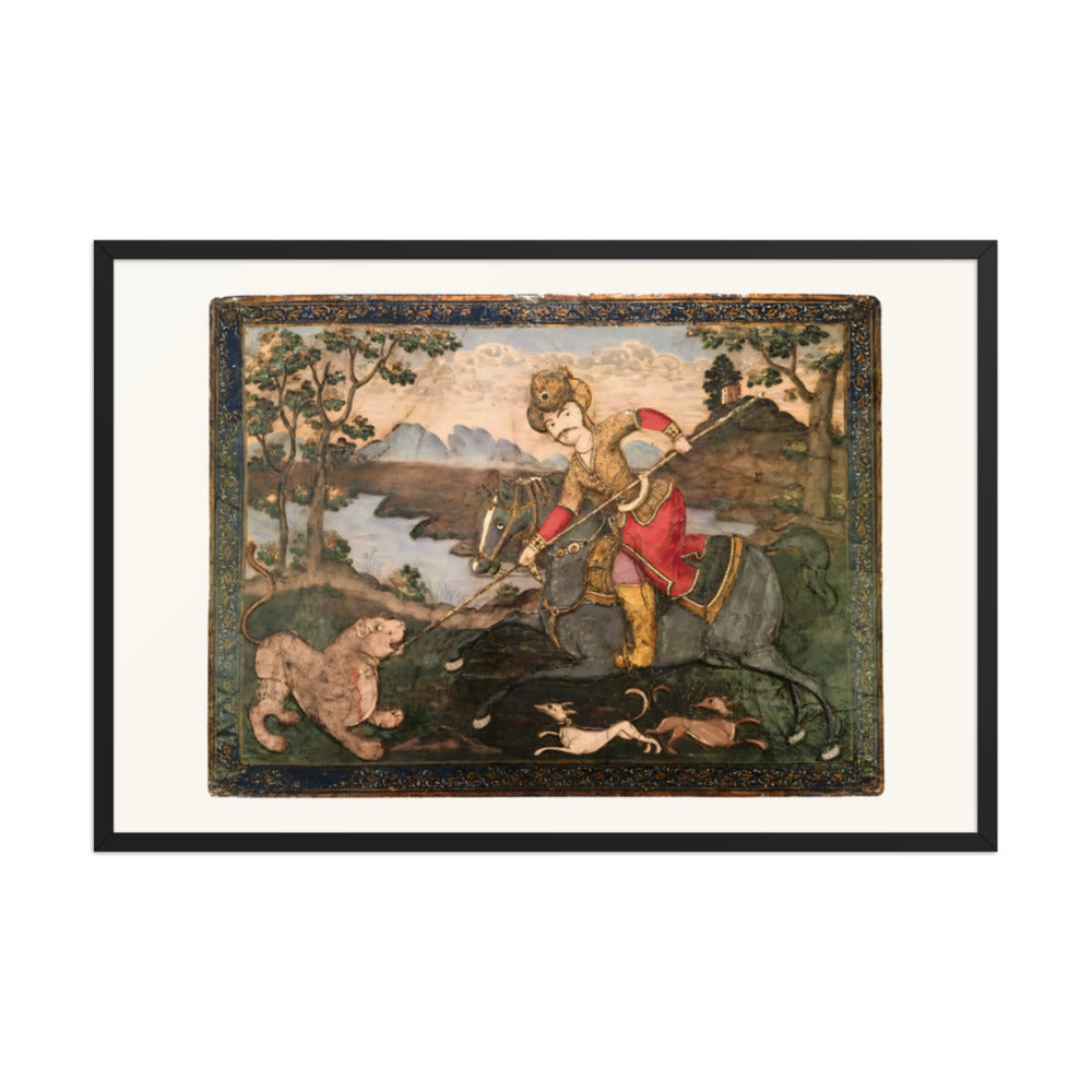 A Horseman Spears a Lion in the Wilderness | Restored Qajar Painting — view 3