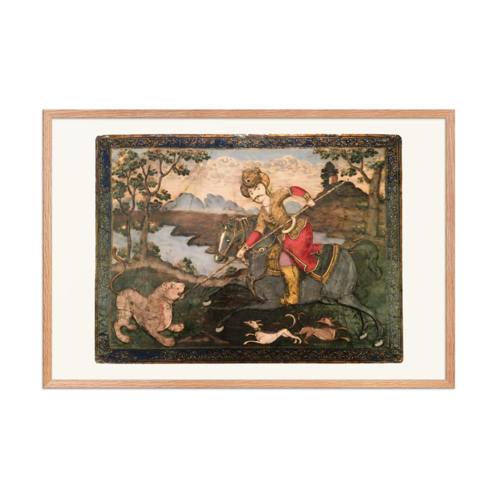 A Horseman Spears a Lion in the Wilderness | Restored Qajar Painting — view 6