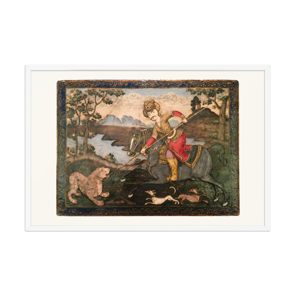 A Horseman Spears a Lion in the Wilderness | Restored Qajar Painting — view 9