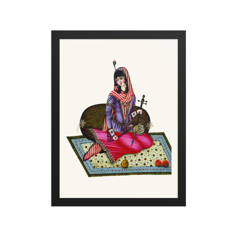 A Seated Girl With Fruit on a Garden Carpet | Restored Qajar Painting