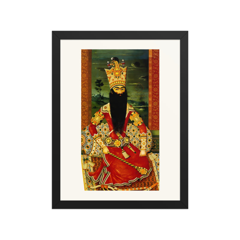 An Enthroned Monarch Robed in Studded Crimson, by Mihr Ali | Restored Qajar Painting