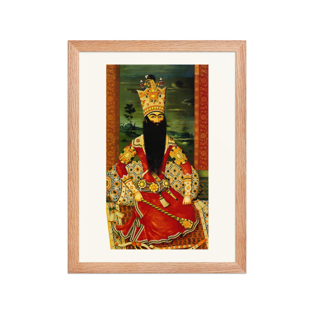 An Enthroned Monarch Robed in Studded Crimson, by Mihr Ali | Restored Qajar Painting — view 4