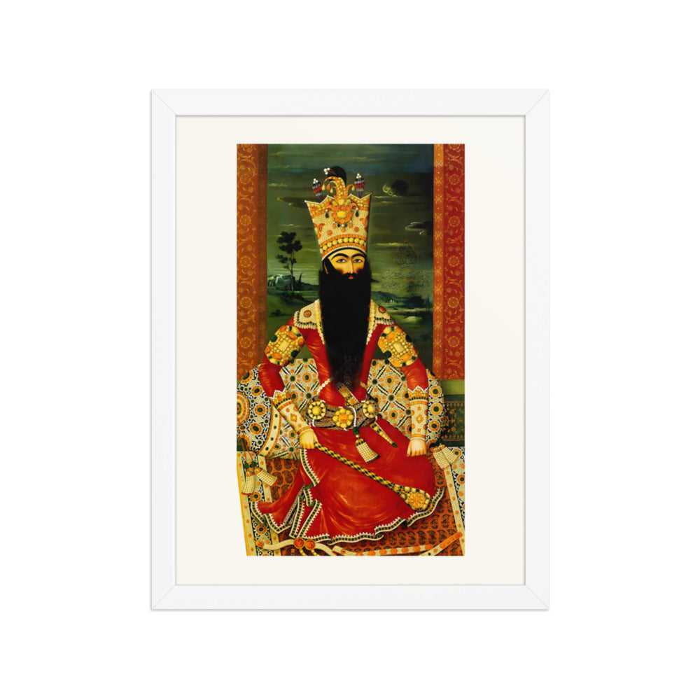 An Enthroned Monarch Robed in Studded Crimson, by Mihr Ali | Restored Qajar Painting — view 7