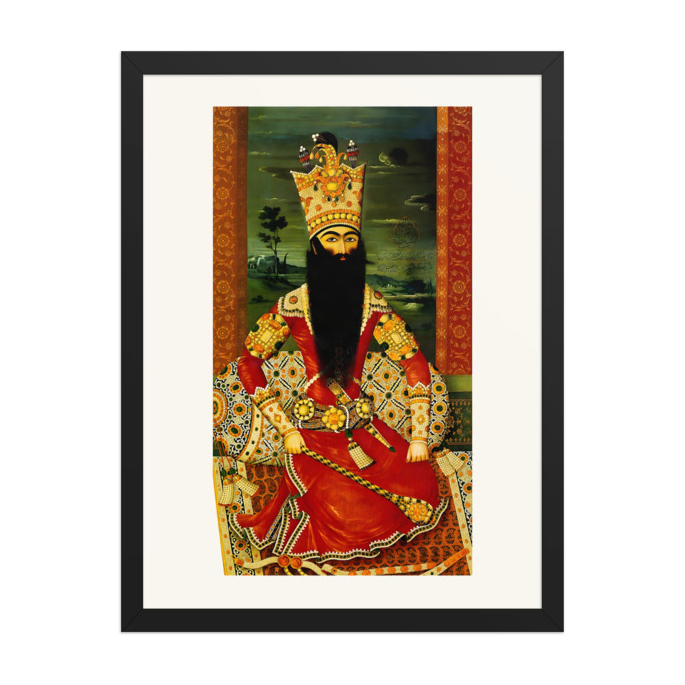 An Enthroned Monarch Robed in Studded Crimson, by Mihr Ali | Restored Qajar Painting — view 2