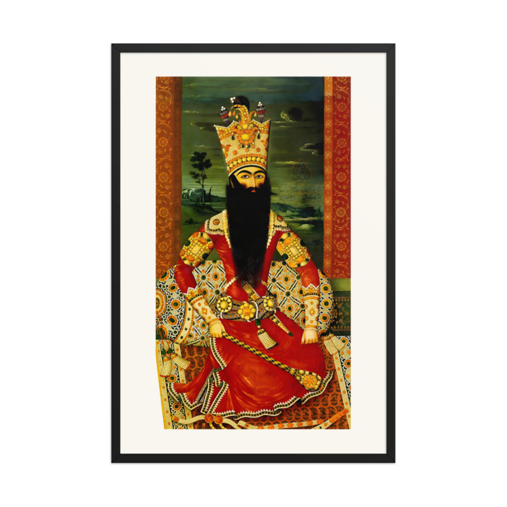 An Enthroned Monarch Robed in Studded Crimson, by Mihr Ali | Restored Qajar Painting — view 3