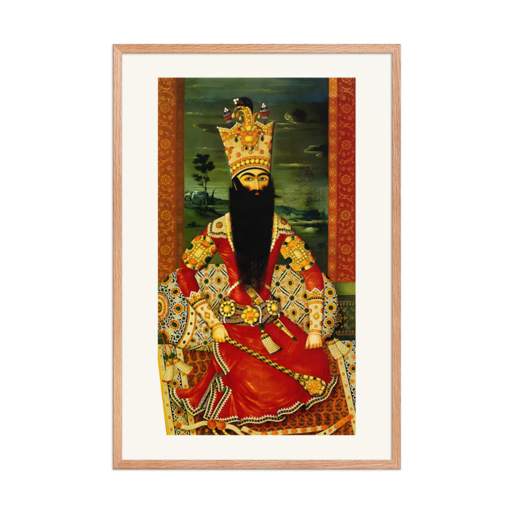 An Enthroned Monarch Robed in Studded Crimson, by Mihr Ali | Restored Qajar Painting — view 6