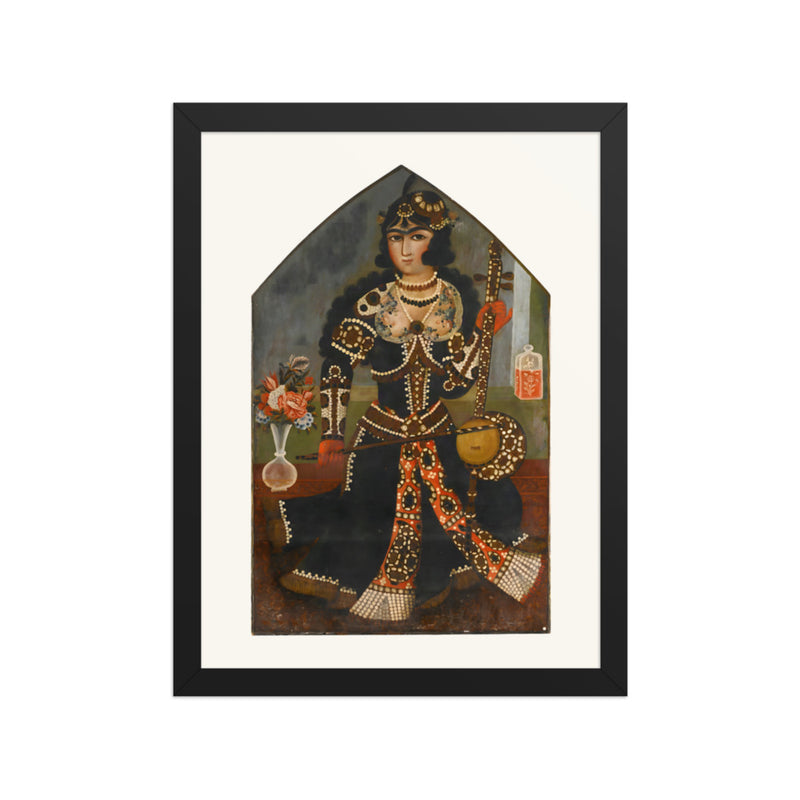 A Pearl-Adorned Lady with Her Kamancheh | Restored Qajar Painting