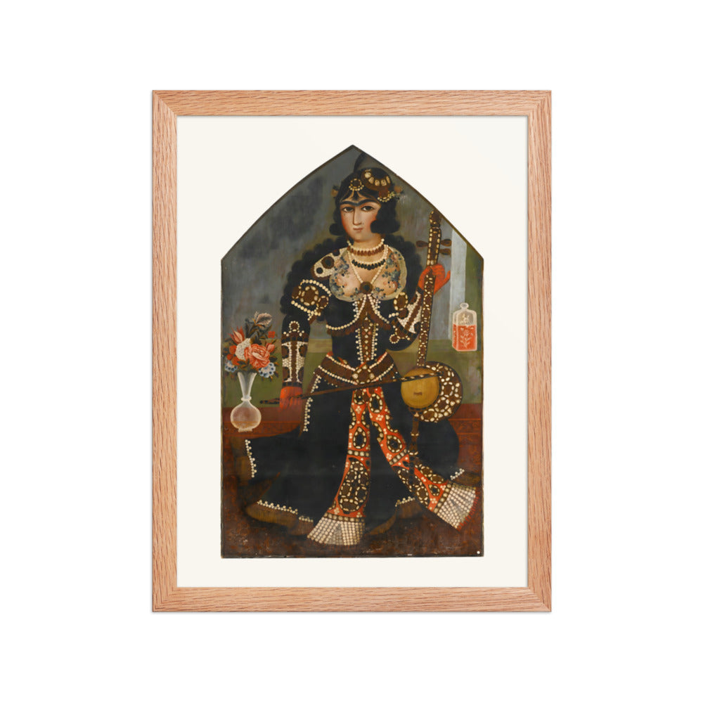 A Pearl-Adorned Lady with Her Kamancheh | Restored Qajar Painting — view 4