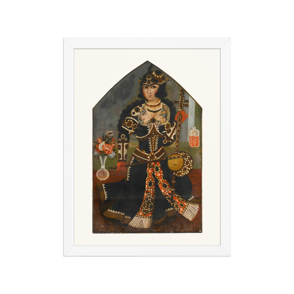 A Pearl-Adorned Lady with Her Kamancheh | Restored Qajar Painting — view 7