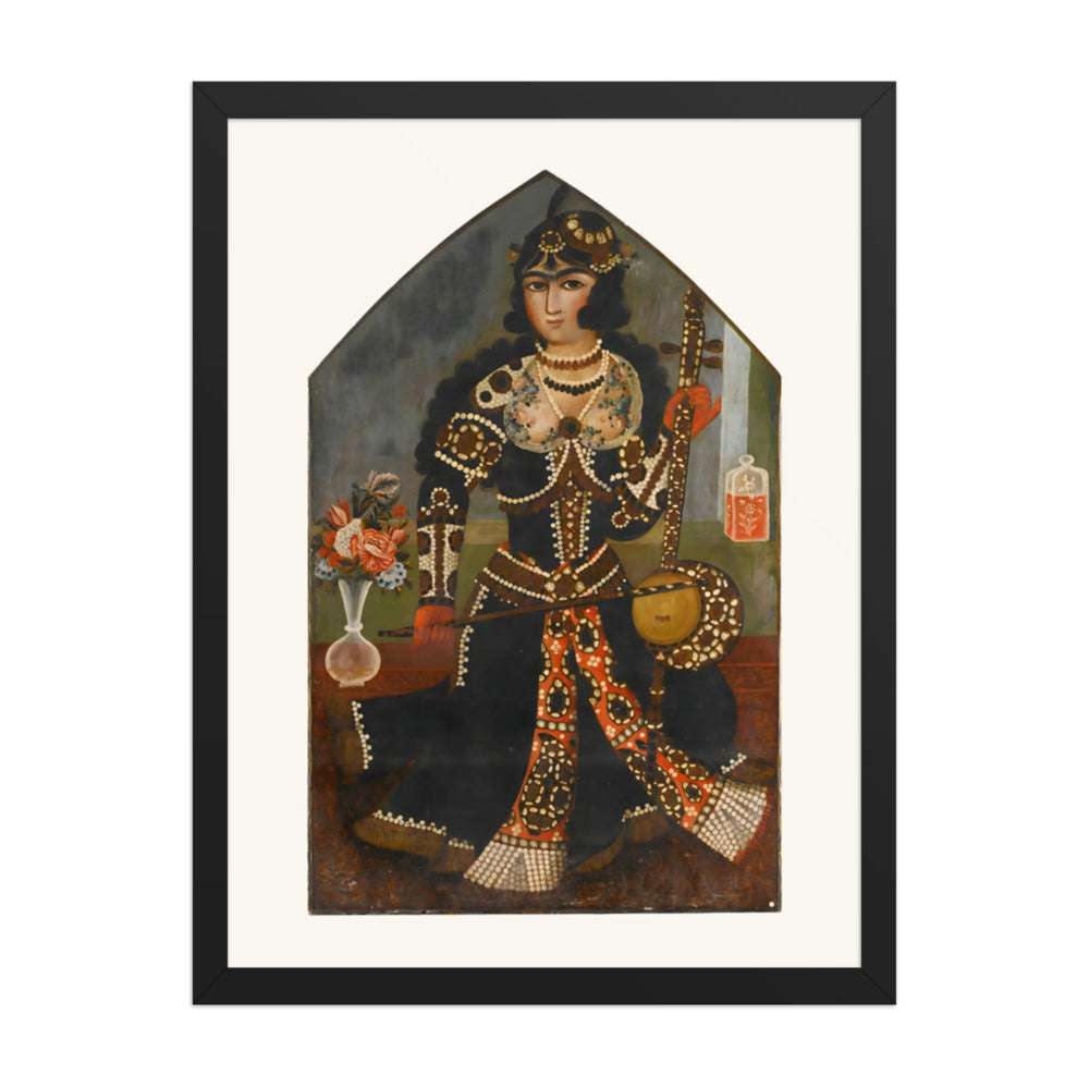 A Pearl-Adorned Lady with Her Kamancheh | Restored Qajar Painting — view 2