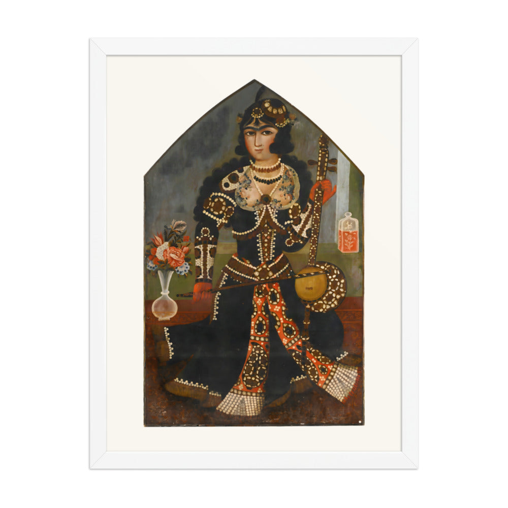 A Pearl-Adorned Lady with Her Kamancheh | Restored Qajar Painting — view 8