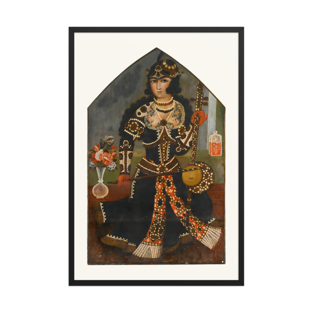 A Pearl-Adorned Lady with Her Kamancheh | Restored Qajar Painting — view 3