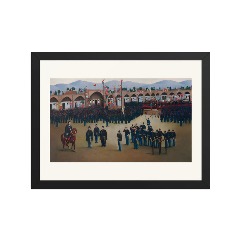 Soldiers Drill Within an Arcaded Courtyard | Restored Qajar Painting