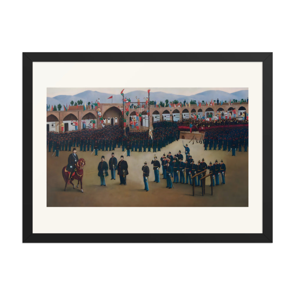Soldiers Drill Within an Arcaded Courtyard | Restored Qajar Painting — view 2