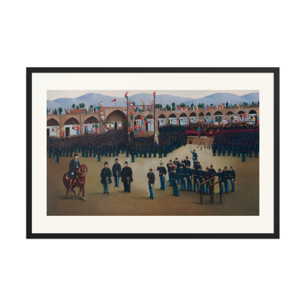 Soldiers Drill Within an Arcaded Courtyard | Restored Qajar Painting — view 3