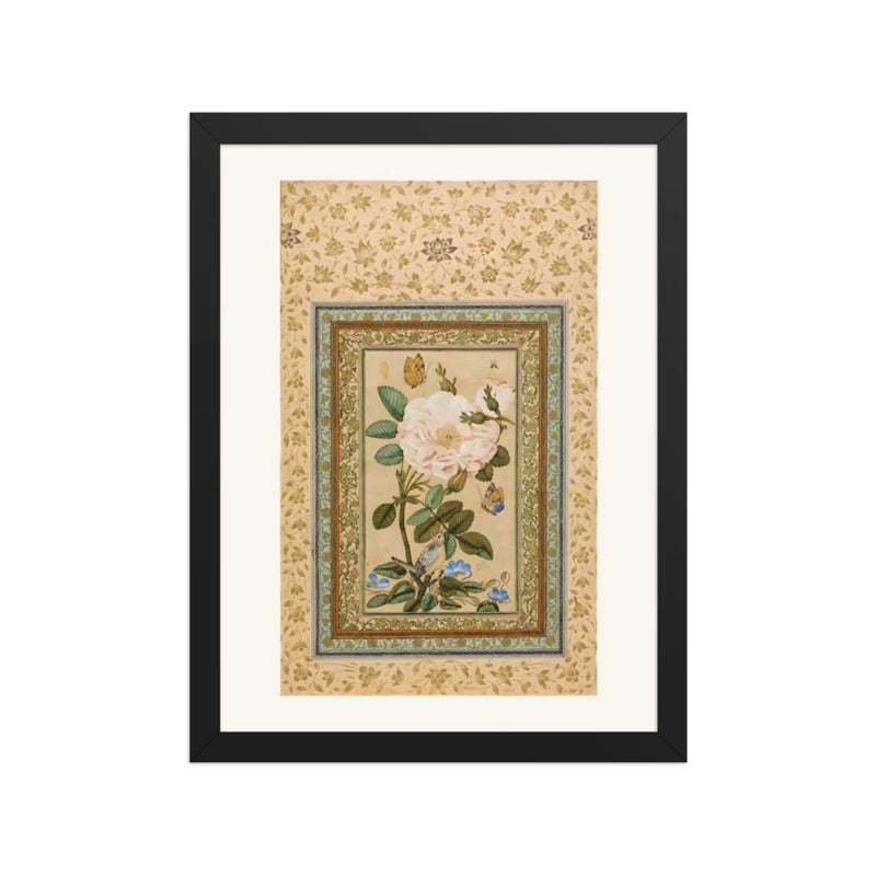 A Bird in a Rose Bush with Butterflies | Restored Qajar Painting