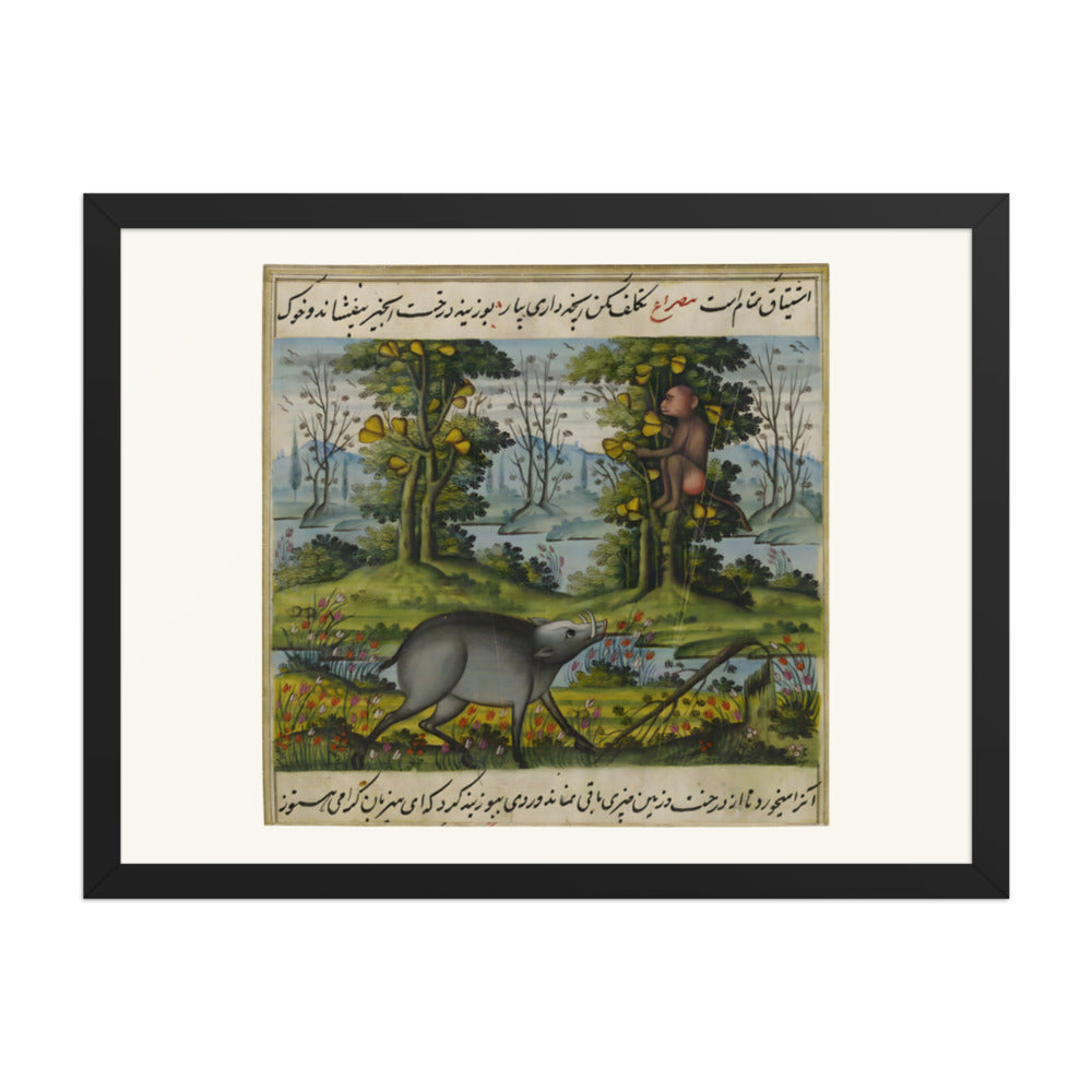 The Wild Boar Seizes the Monkey’s Fruit — Anvar-i Suhayli | Restored Qajar Painting — view 2