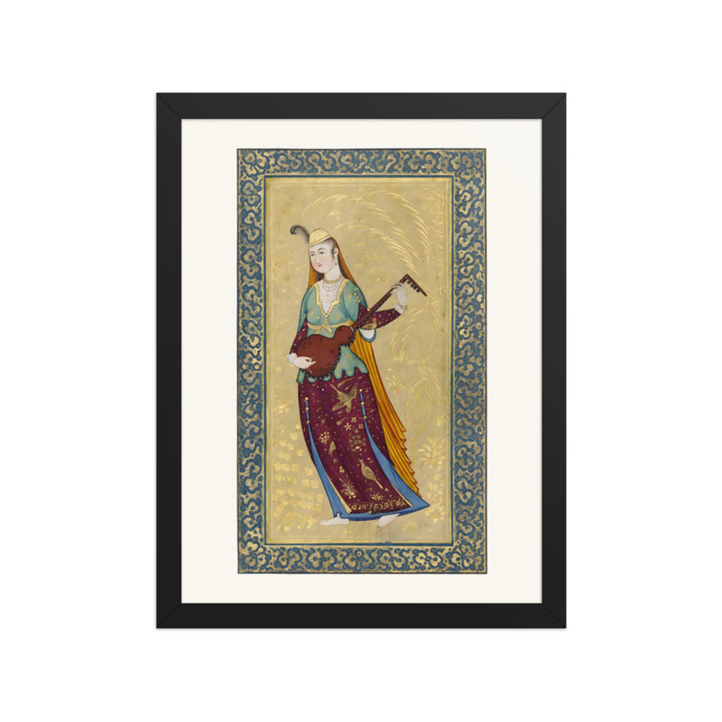 A Female Musician Playing the Tar | Restored Qajar Painting