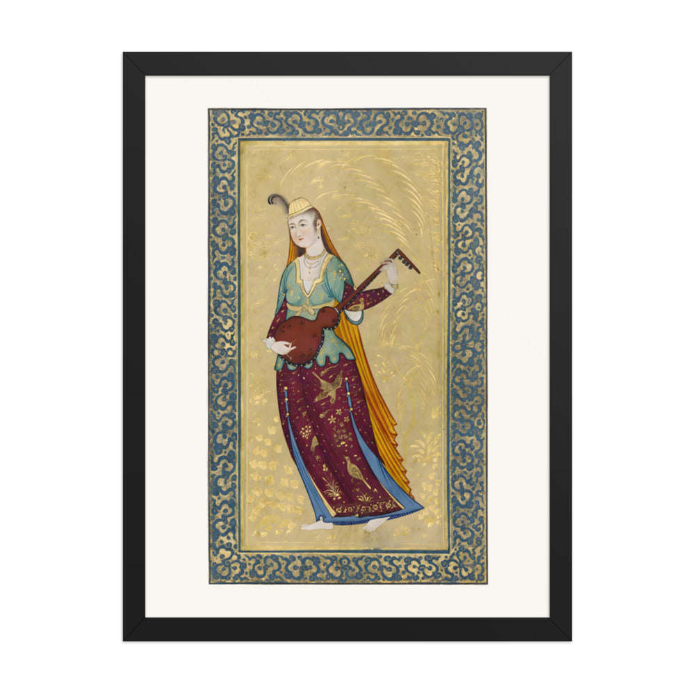 A Female Musician Playing the Tar | Restored Qajar Painting — view 2