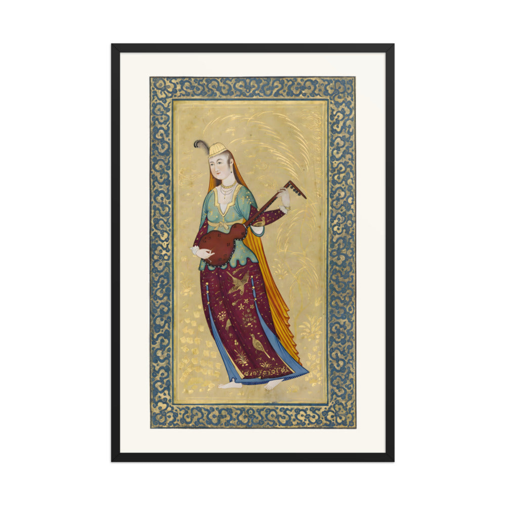 A Female Musician Playing the Tar | Restored Qajar Painting — view 3