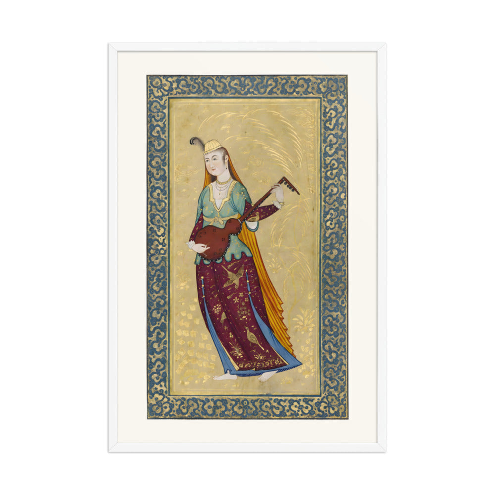 A Female Musician Playing the Tar | Restored Qajar Painting — view 9