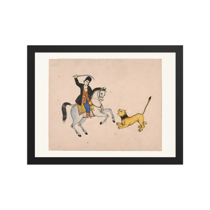 A Swordsman on Horseback Confronts a Lion | Restored Qajar Painting