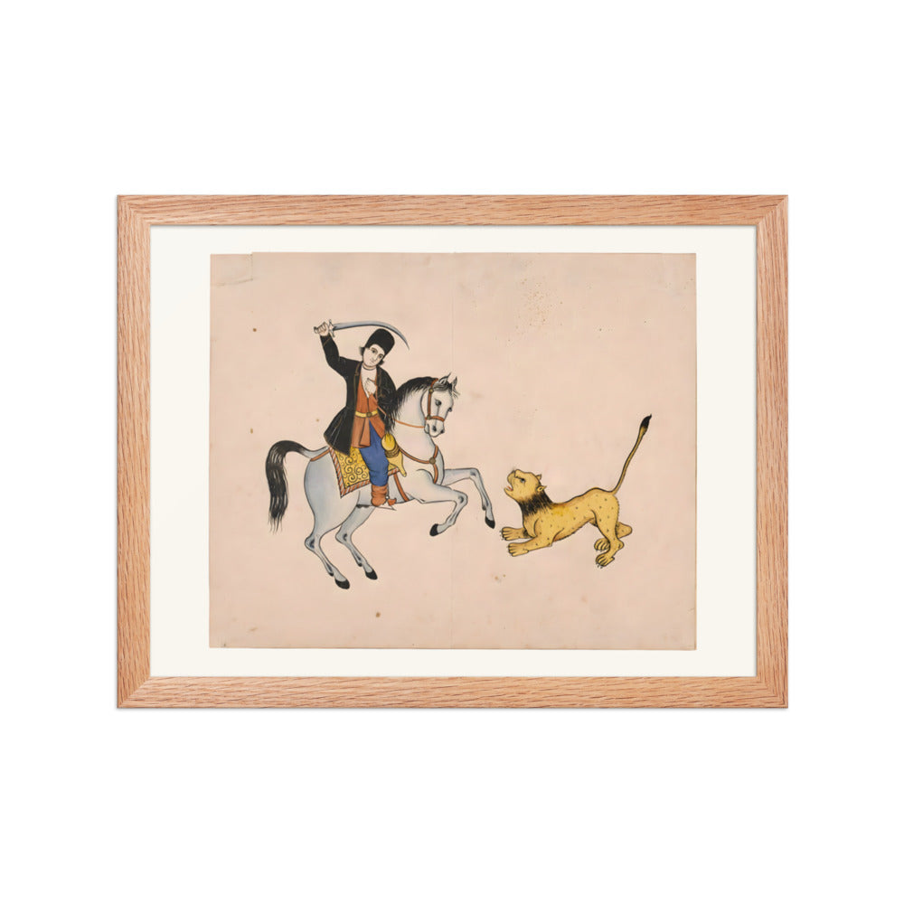 A Swordsman on Horseback Confronts a Lion | Restored Qajar Painting — view 4
