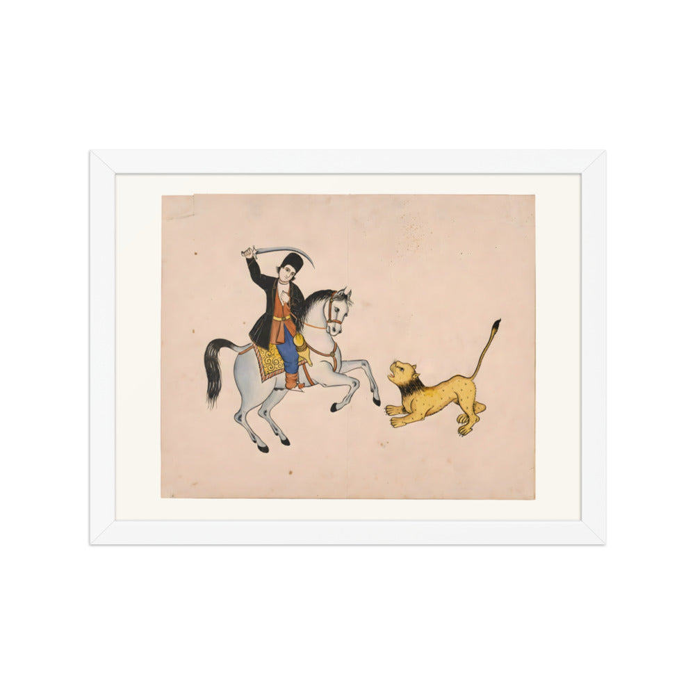 A Swordsman on Horseback Confronts a Lion | Restored Qajar Painting — view 7